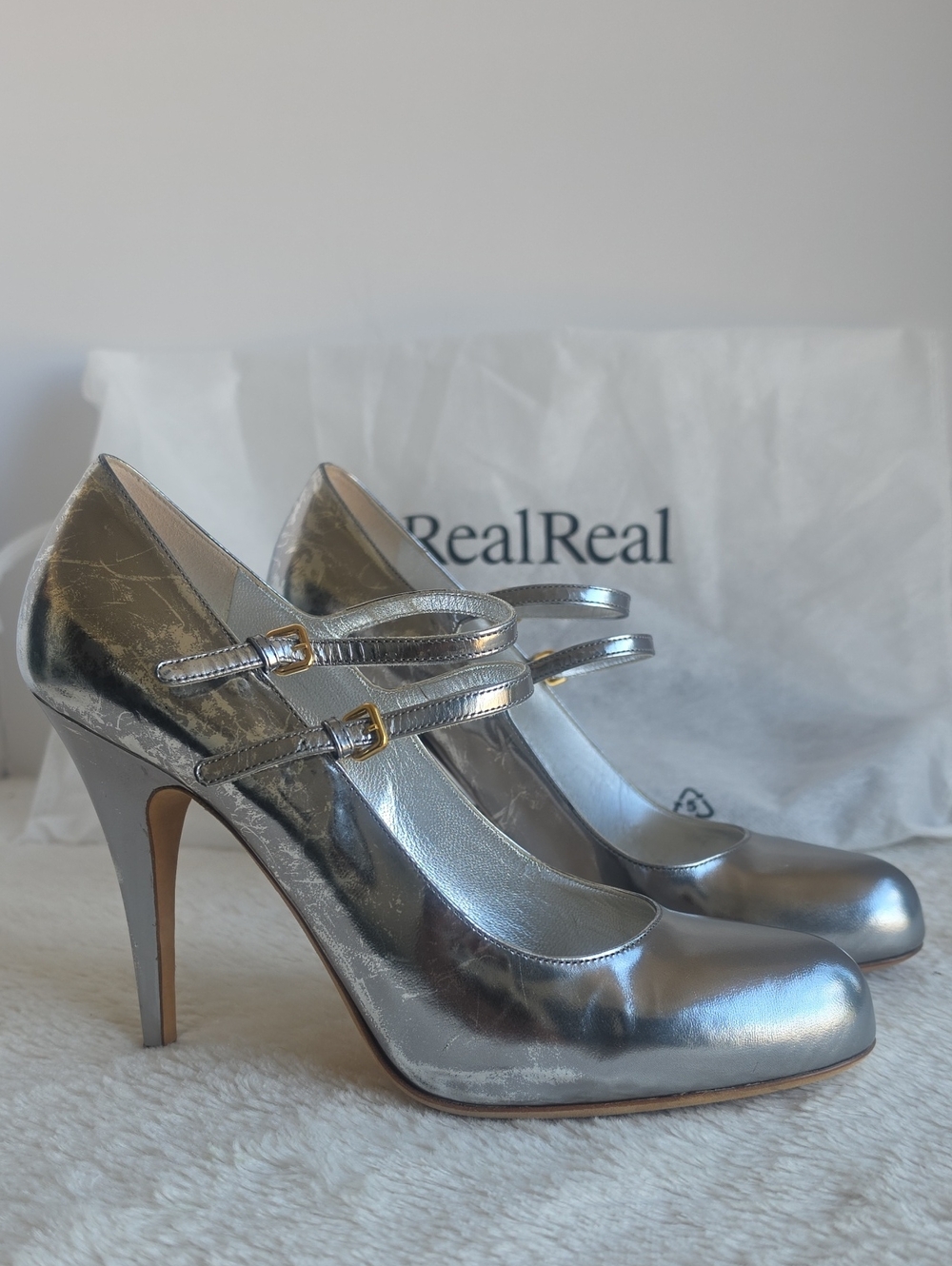 Vintage 2007 Miu Miu Metallic Silver Double-Strap Mary Jane Heels 38.5